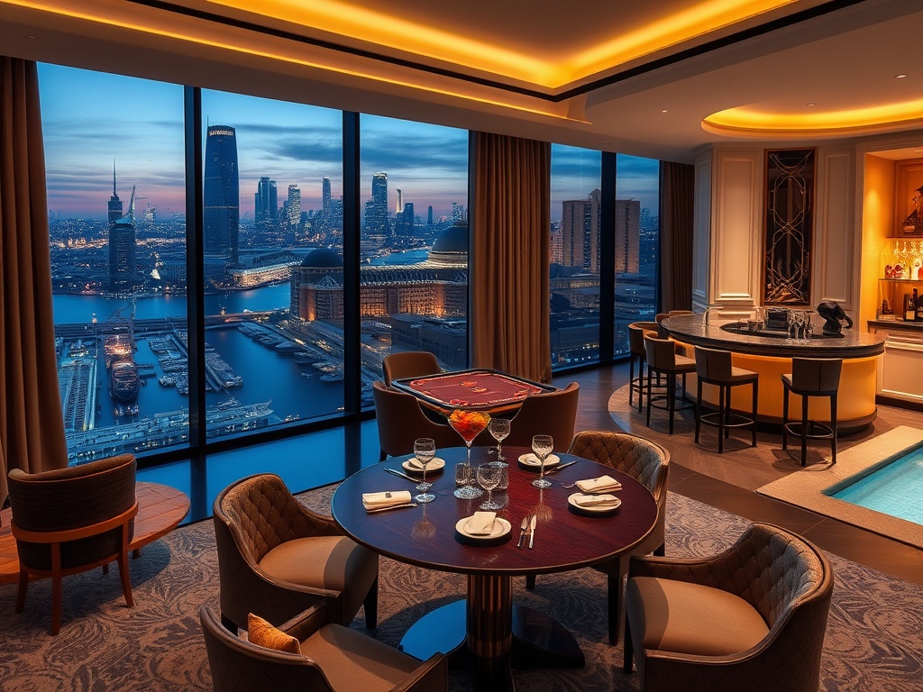 Luxury suite skyline, velvet gaming lounge, canal-inspired dining table, gold-lit cocktail bar, tranquil spa pool, adult elegant mood.