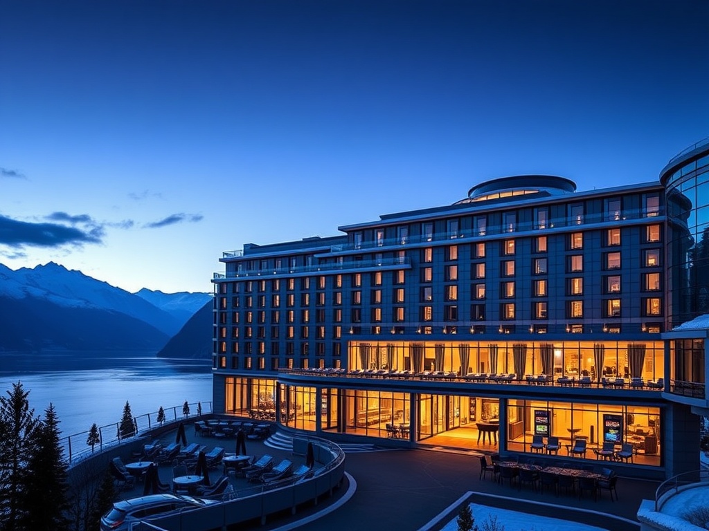 Luxurious Norwegian casino hotel at twilight, midnight blue façade, glacier-white interior glow, panoramic fjord windows, silver-gold accents, private gaming lounge silhouettes.