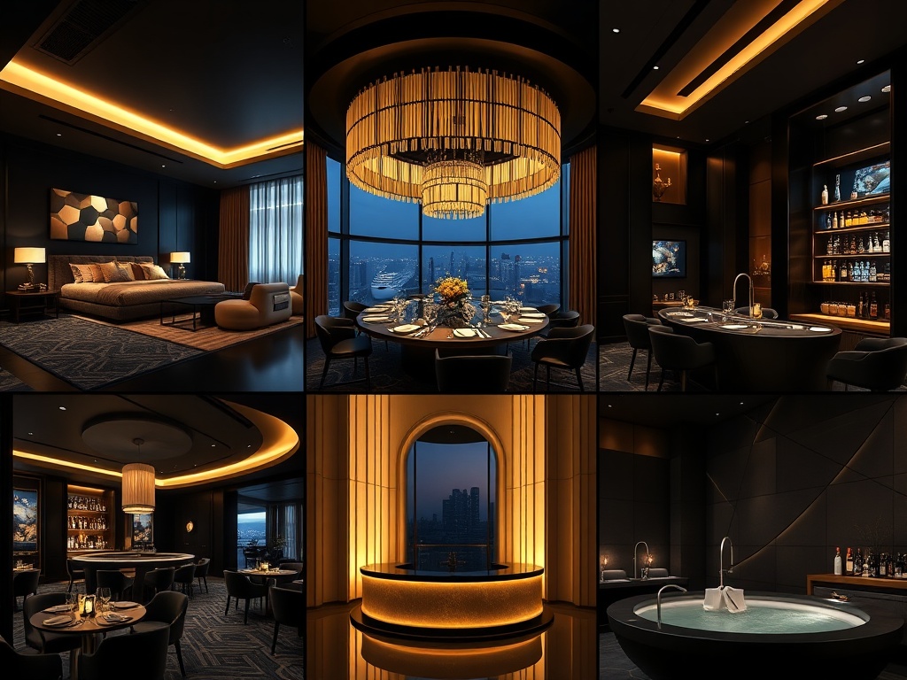 A nocturnal modern casinohotel interior collage showing "sleek suites", "gold-lit gaming lounge", "canal-inspired dining", "cocktail bar", and "serene wellness spa", deep navy matte black warm beige gold accents, cinematic lighting, adult luxury mood.