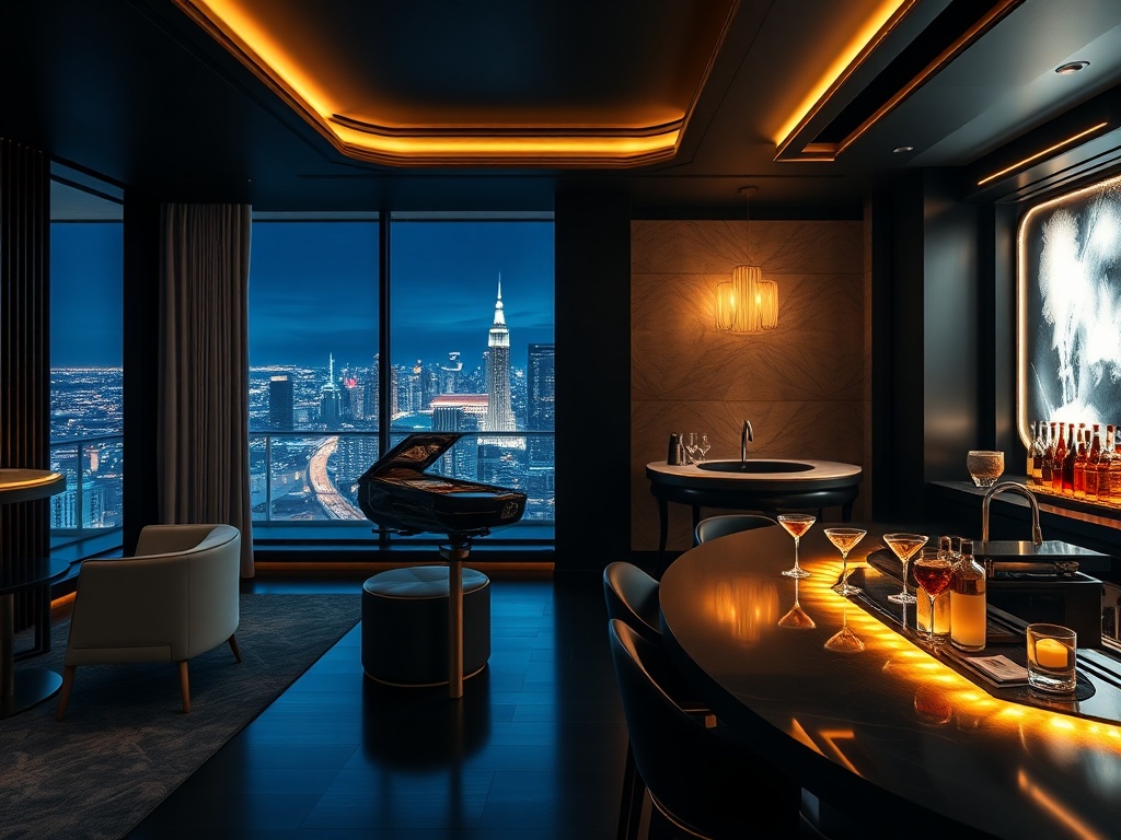"four cinematic vignettes" "luxury suite with panoramic city lights" "elegant casino gaming lounge" "serene wellness spa glow" "stylish cocktail bar with gold reflections" on deep navy matte-black interior.