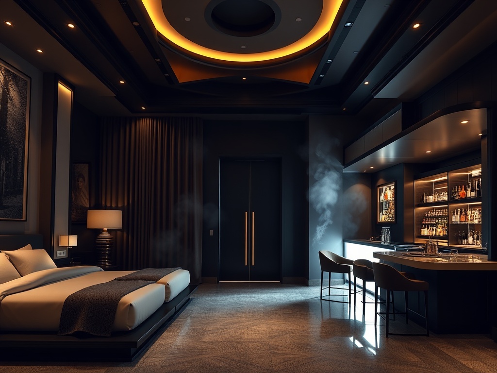 "A cinematic night scene inside a luxurious Dutch casino hotel, deep navy and matte black, warm beige accents, gold highlights, elegant suites, gaming lounge glow, cocktail bar steam, serene wellness doorway, modern urban atmosphere."