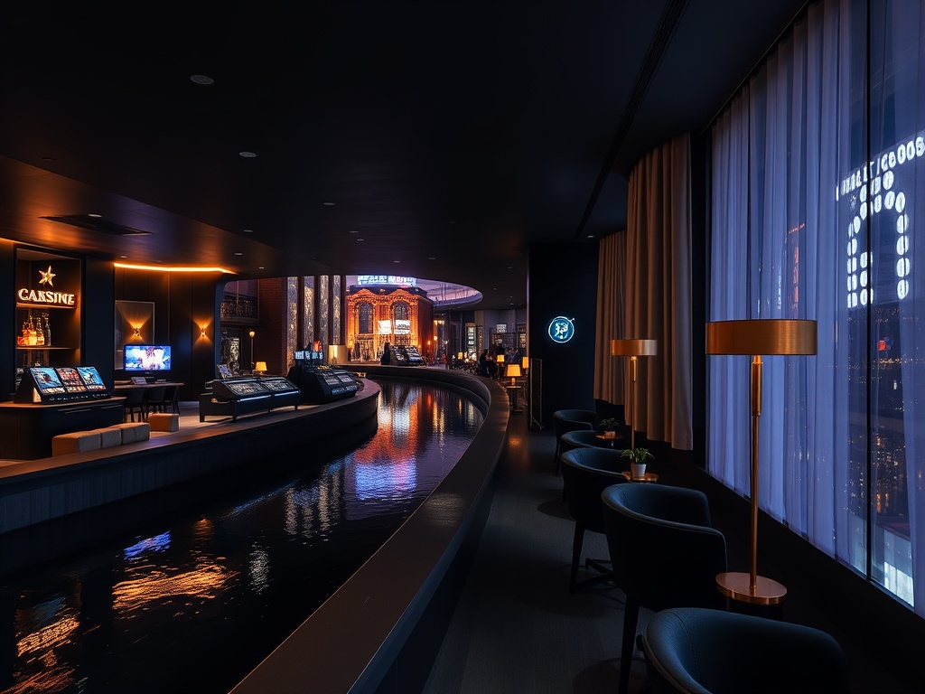 A contemporary Netherlands casino-hotel scene with “sleek suites” overlooking “a neon-lit canal”, “adult gaming lounge” glow, “cocktail bar” shadows, “gold accents”, deep navy matte black warm beige luxury.