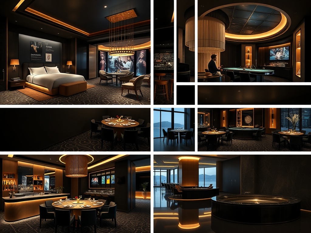 A nocturnal modern casinohotel interior collage showing "sleek suites", "gold-lit gaming lounge", "canal-inspired dining", "cocktail bar", and "serene wellness spa", deep navy matte black warm beige gold accents, cinematic lighting, adult luxury mood.