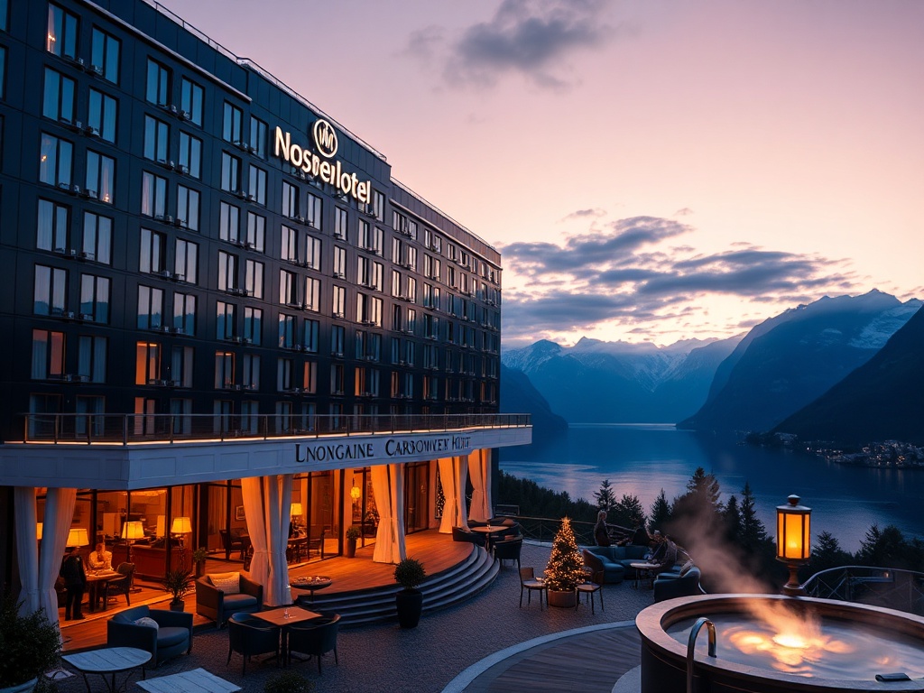 “Luxury Norwegian casino hotel hero scene at dusk,” “midnight blue and glacier white facade,” “silver accents,” “warm gold light,” “fjord panorama,” “elegant lounge silhouettes,” “soft lantern glow,” “opulent spa steams faint