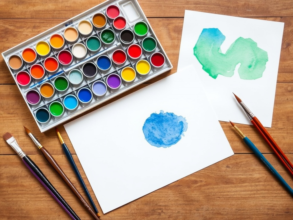 Een artistieke opstelling van aquarelverf en penselen.