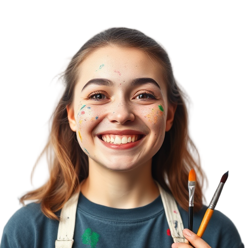 Een glimlachende persoon met verf op haar gezicht.