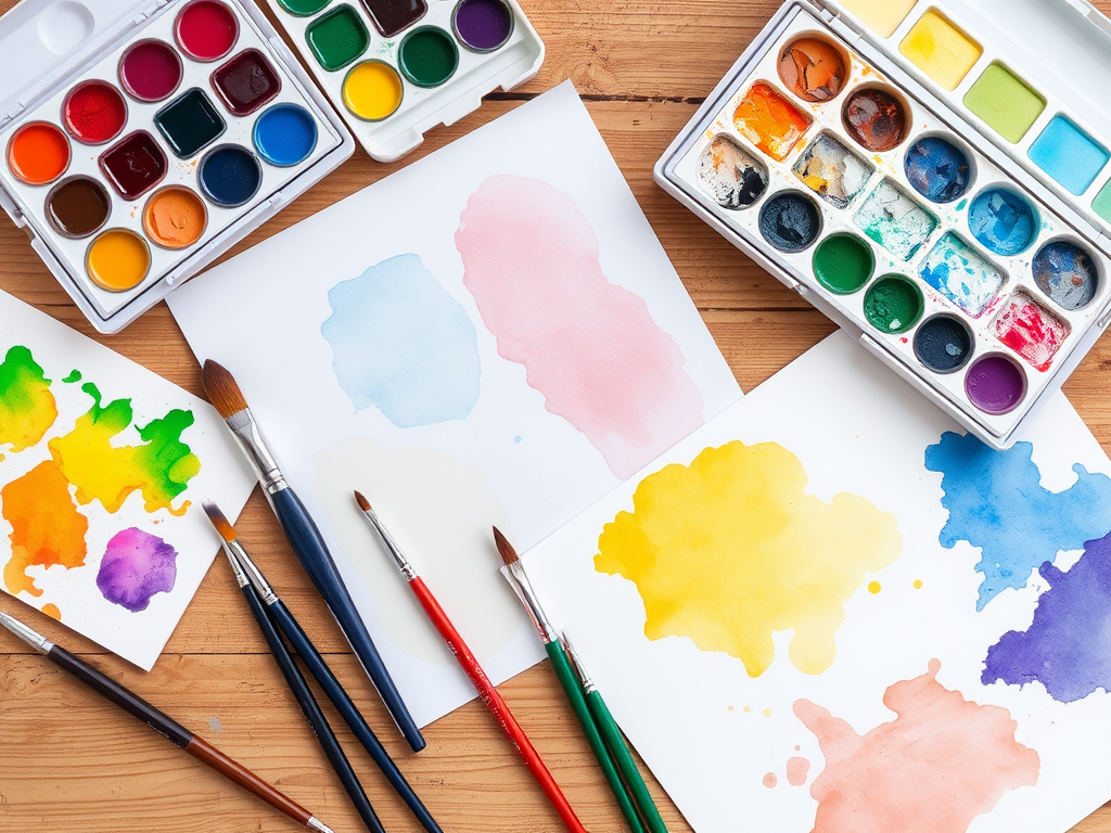 Vibrante aquarelsetup met verf, penselen en papier.