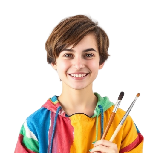 Een persoon met een glimlach en verfkwasten.