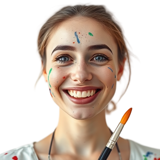 Een lachende persoon met verfspatten op het gezicht.