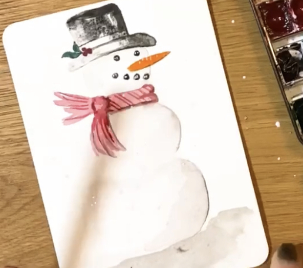 Sneeuwman Kerstkaart in aquarel verf online cursus