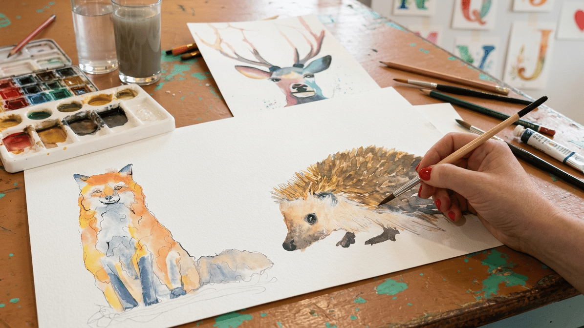 bosdieren schilderen in aquarelverf