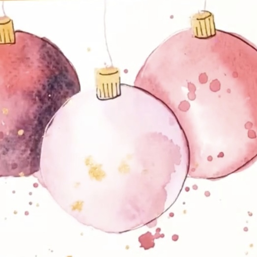 Drie roze kerstballen in aquarel met gouden spatten