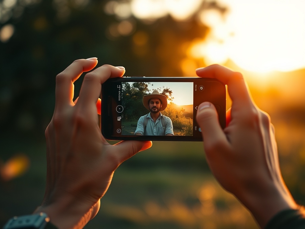 A person photographing through a smartphone held in hand, cinematic natural light at golden hour, clean lens, composition with leading lines, shallow depth of field, smartphone camera focusing on subject, traveler vibe"