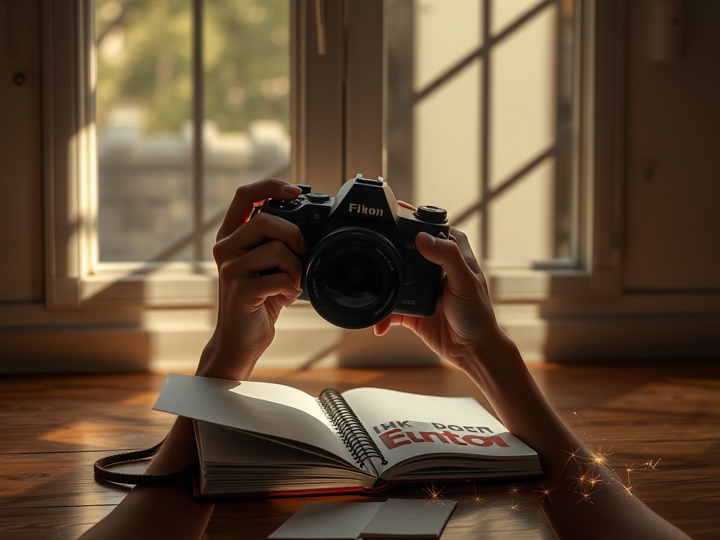 A photographer’s hands holding camera, sunlight through window casting strong shadows, a notebook with blank pages, three staged scenes on floor, creative sparks, focus.