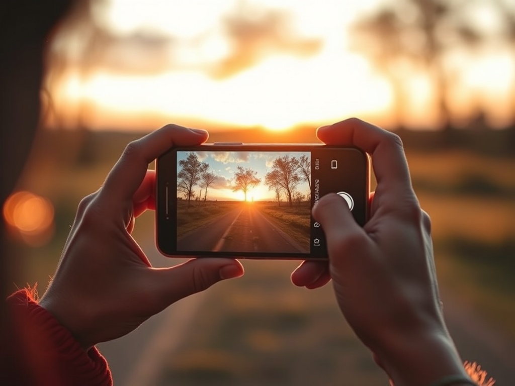 A person photographing through a smartphone held in hand, cinematic natural light at golden hour, clean lens, composition with leading lines, shallow depth of field, smartphone camera focusing on subject, traveler vibe"