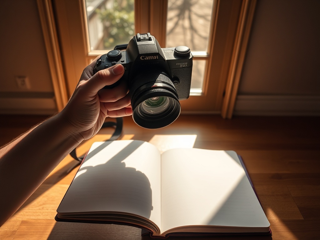 A photographer’s hands holding camera, sunlight through window casting strong shadows, a notebook with blank pages, three staged scenes on floor, creative sparks, focus.