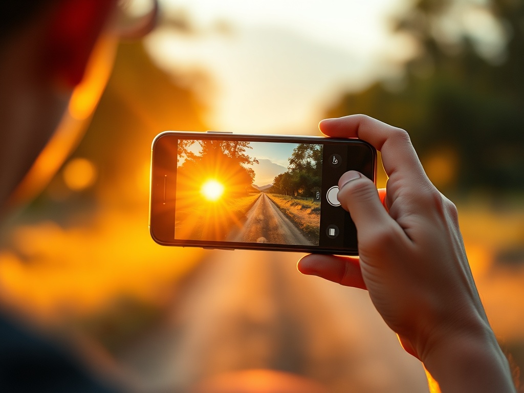 A person photographing through a smartphone held in hand, cinematic natural light at golden hour, clean lens, composition with leading lines, shallow depth of field, smartphone camera focusing on subject, traveler vibe"