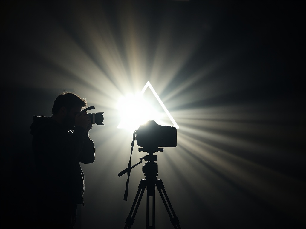 "Photographer silhouette beside a camera, split lighting scene with soft and hard rays, subtle triangle diagram of light, lens aperture glow, moody studio background." "No logos, no text, cinematic contrast, ultra-detailed, realistic."
