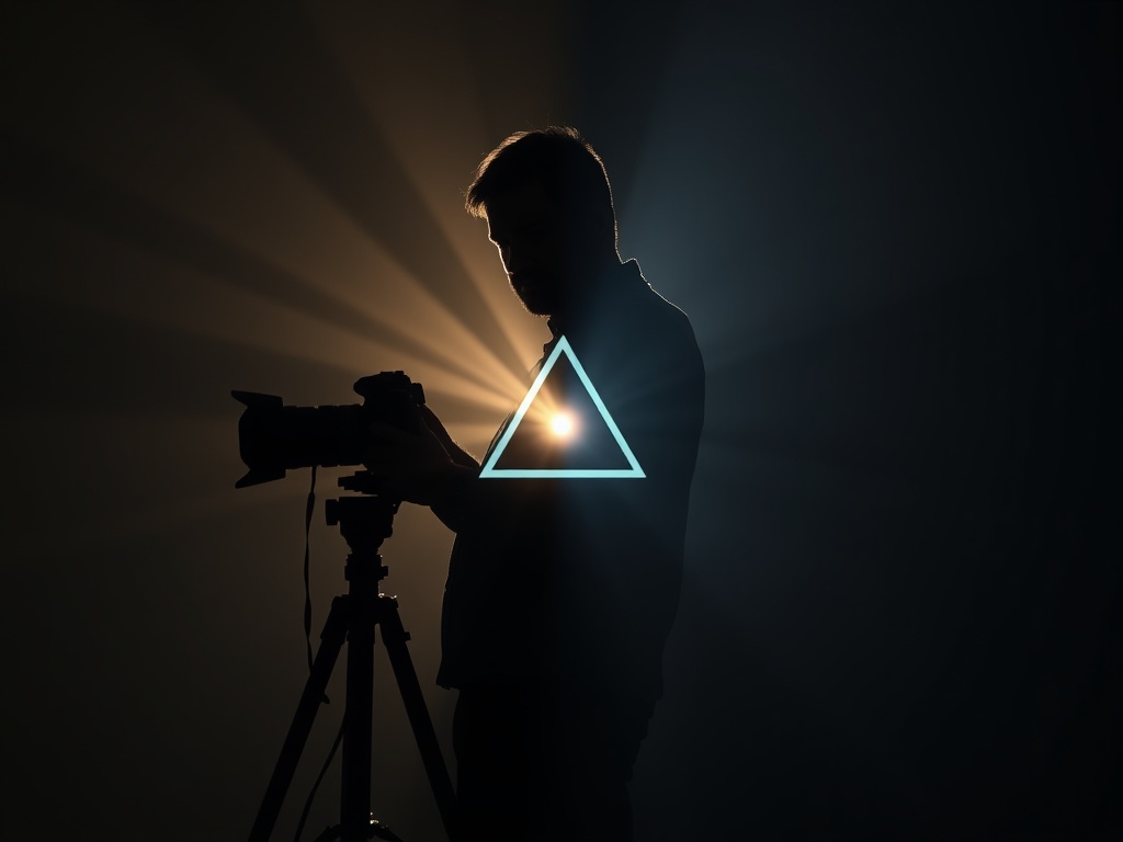 "Photographer silhouette beside a camera, split lighting scene with soft and hard rays, subtle triangle diagram of light, lens aperture glow, moody studio background." "No logos, no text, cinematic contrast, ultra-detailed, realistic."