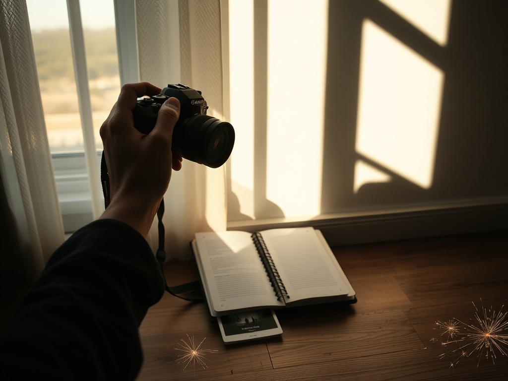 A photographer’s hands holding camera, sunlight through window casting strong shadows, a notebook with blank pages, three staged scenes on floor, creative sparks, focus.