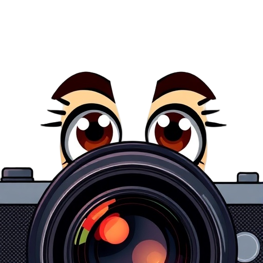 Carefully describe an image in great detail that needs to be generate, use quotes to split visual things. " "Pair of eyes over camera lens" "filter glass magic" "light reflections controlled"