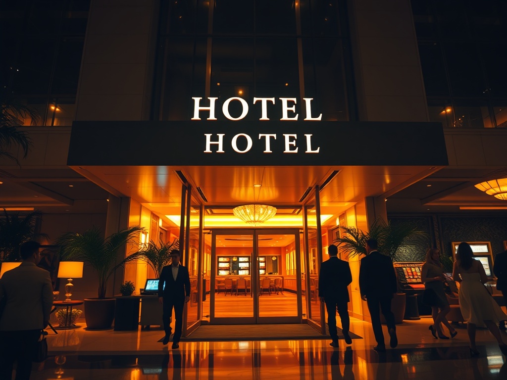 "modern hotel entrance at night" "warm golden lighting" "elegant lobby lounge" "glowing gaming ambiance" "people in refined evening attire"