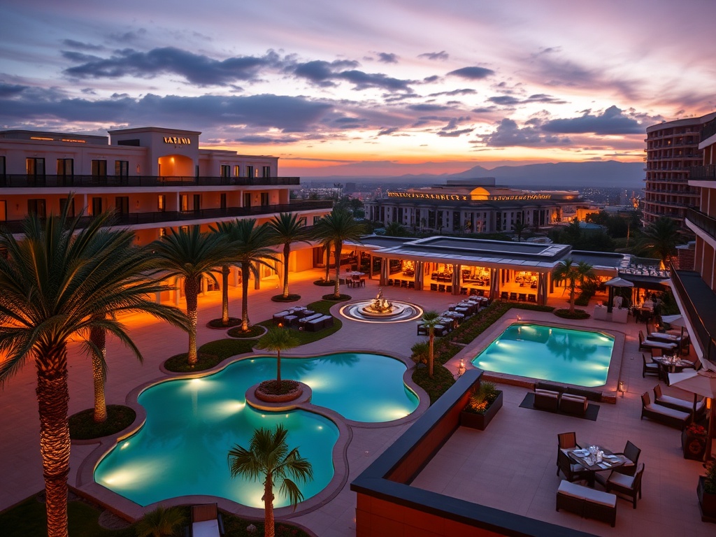 Elegant casino-hotel resort at dusk, glowing suites balcony in foreground, palm-lined courtyard, sleek wellness pool, warm dining lights, distant casino lights, relaxed luxury atmosphere.