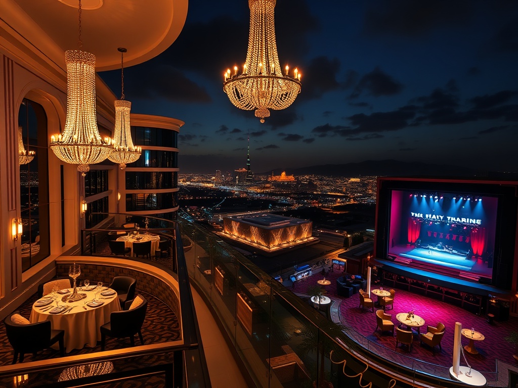 "luxury modern casino hotel at night, glowing chandeliers, elegant suite balcony with city lights, live music stage in distance, velvet lounge ambiance, spa glow, cinematic lighting"