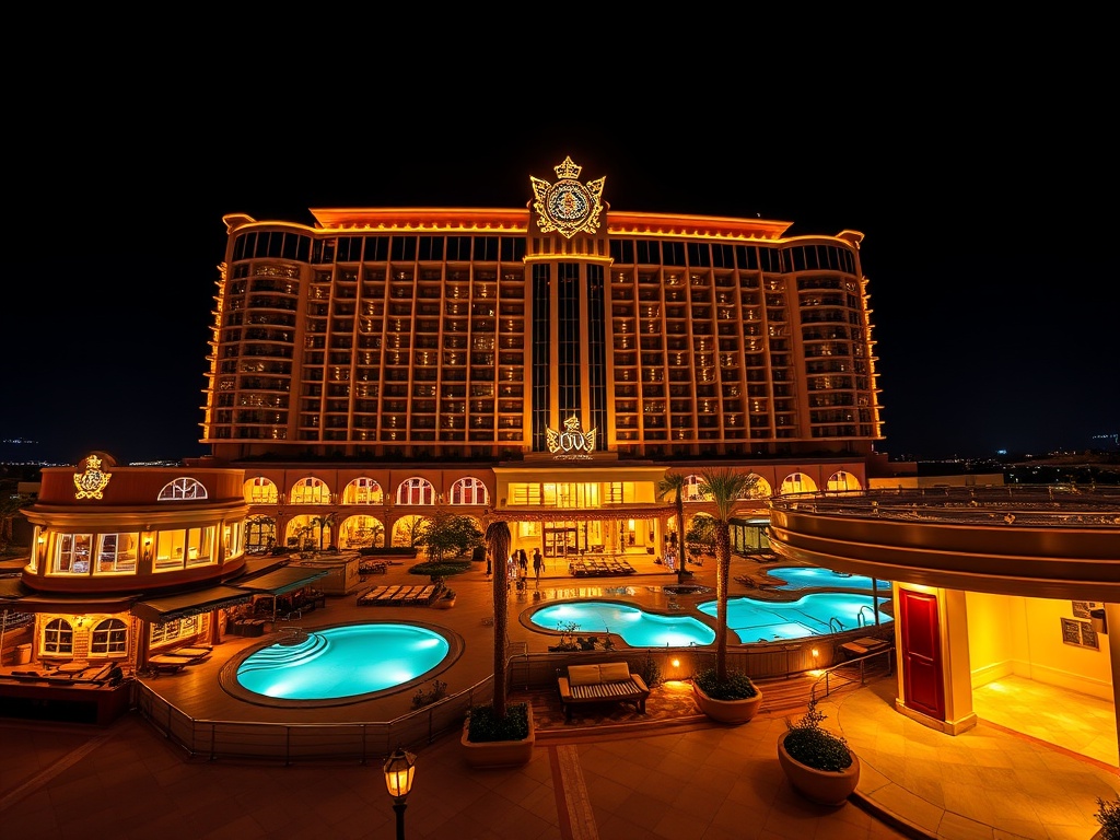 A contemporary luxury casino hotel at night, glowing suites and pools, elegant lounge lights, serene spa entrance, gold reflections, inviting atmosphere, wide-angle."