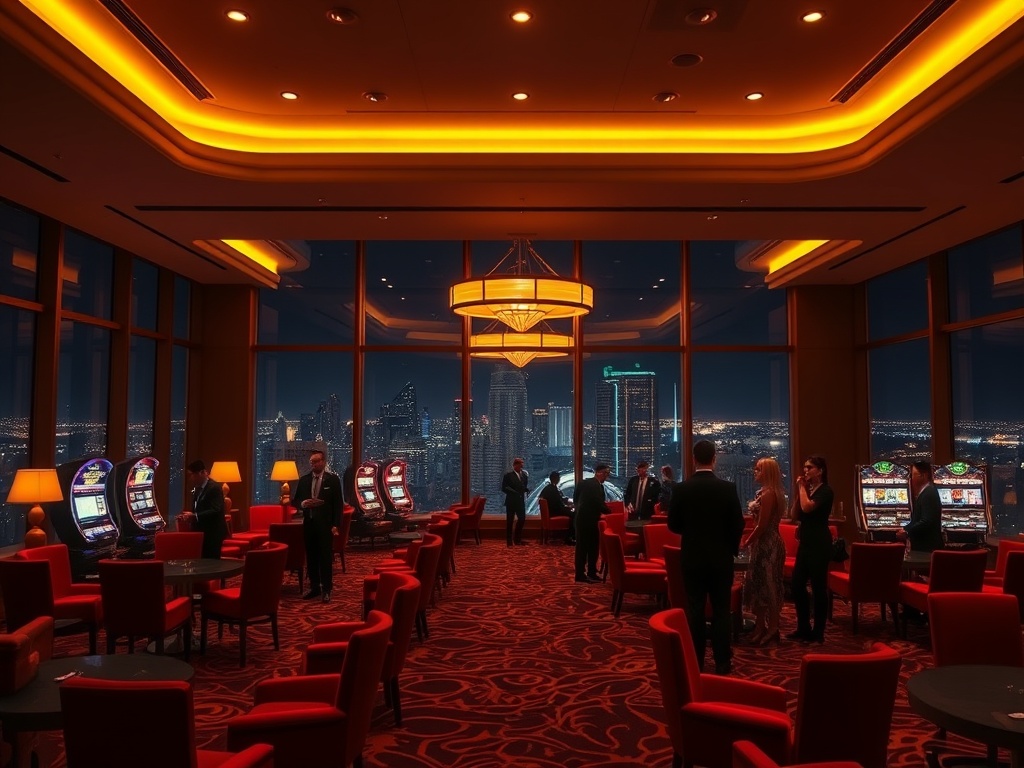 "Modern casino hotel at night, glowing warm lights, elegant lobby with velvet seating, panoramic windows over city skyline, subtle slot-style lights, guests in classy attire, luxurious ambience, cinematic depth" "no logos"