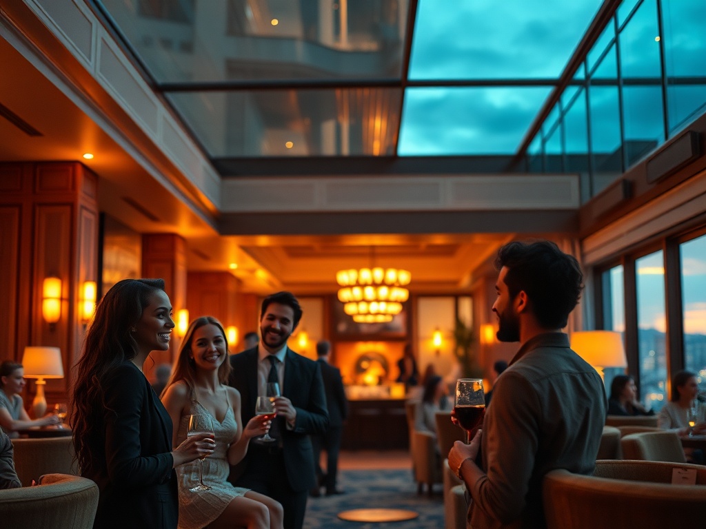 Warm Scandinavian hotel lobby at dusk, soft amber lights, smiling diverse guests in elegant attire, subtle casino glow, cozy lounge seating, cinematic realism. "You MUST not include ANY brand images or logos. You may ONLY reply with the format given. If y