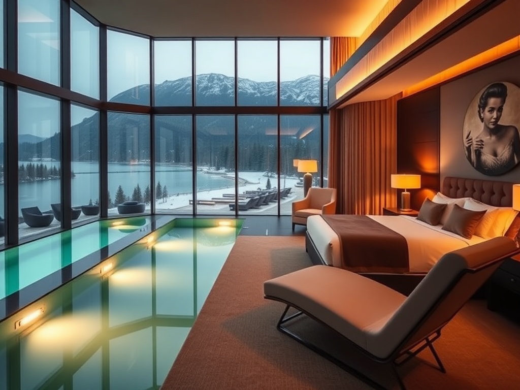 Modern luxury casino hotel in Norway, cozy suite with large windows, warm lighting, elegant bed and lounge chair, soft pool glow in background, calm atmosphere