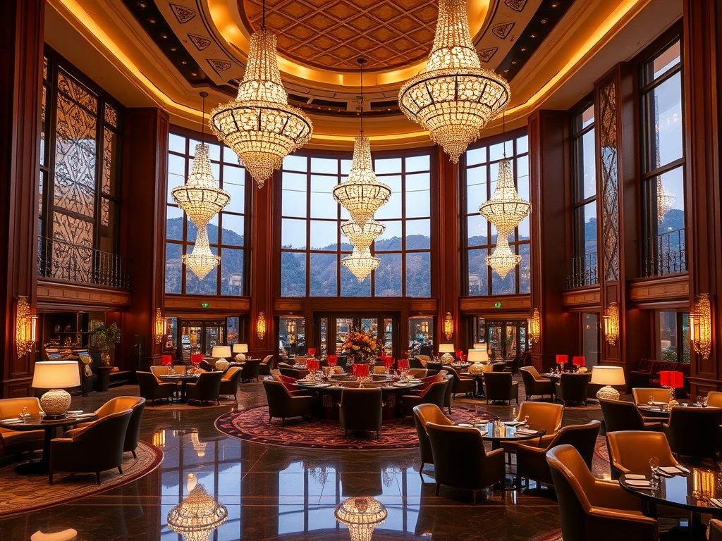 A grand elegant casino hotel lobby with warm lighting, lush seating, sparkling chandeliers, panoramic windows, velvet accents, subtle spa and dining ambience.