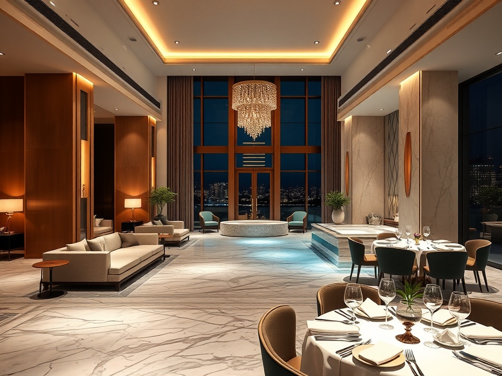 A luxurious modern hotel lobby transitioning to serene spa and gourmet dining; elegant warm lighting, plush seating, marble textures, soft steam, refined table setting, panoramic night windows.