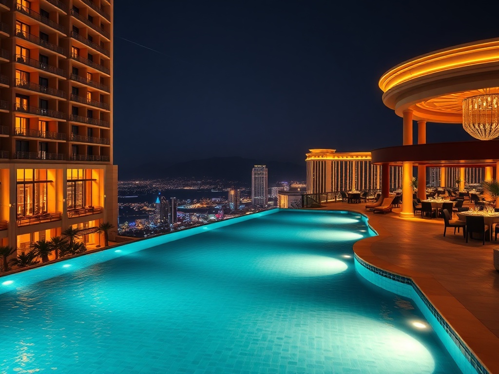"Luxury casino hotel hero scene at night, glowing suites windows, elegant infinity pool, softly lit fine-dining terrace, distant casino lights, tasteful nightlife energy" "cinematic lighting, ultra-detailed, photorealistic, inviting atmosphere"