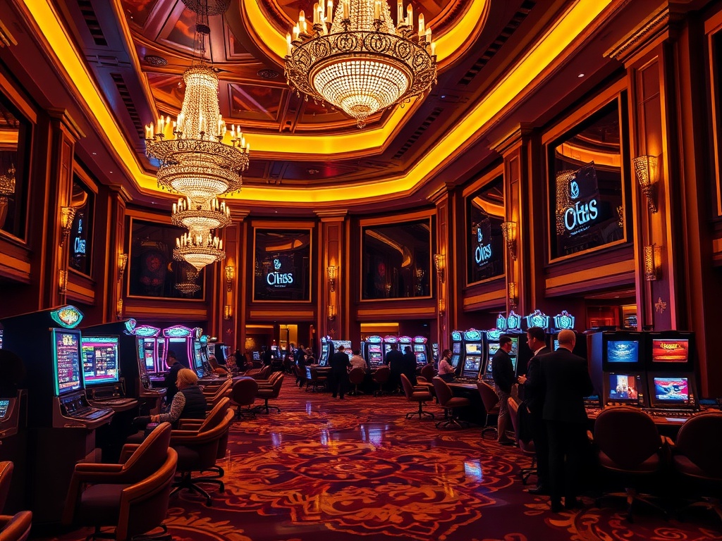 "Luxurious casino hotel lobby at night with warm golden lights, elegant seating, sparkling chandeliers, stylish guests, subtle gaming glow, inviting atmosphere."