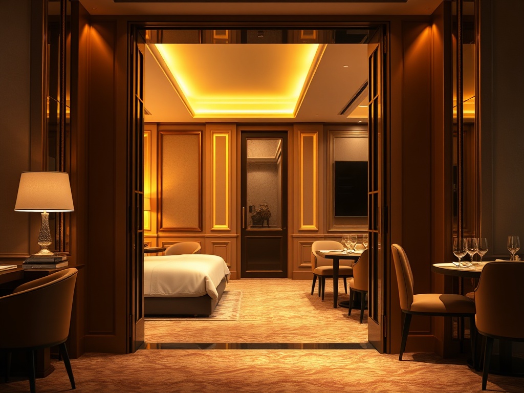 "luxury contemporary casino lounge" "elegant suite doorway with soft bedding" "gourmet restaurant dining lights" "golden warm ambiance" "subtle gaming lights"