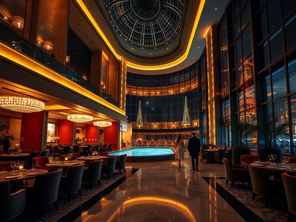 A lavish modern casino hotel lobby at night, warm golden lights, elegant velvet seating, a shimmering pool visible, sophisticated dining and cocktail lounge atmosphere, romantic couples walking. "You MUST not include ANY brand images or logos. You may ONL
