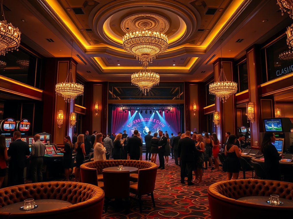 A glamorous casino hotel lounge at night, elegant guests mingling, soft golden lights, velvet seating, subtle gaming ambiance, live entertainment stage, luxury atmosphere. "