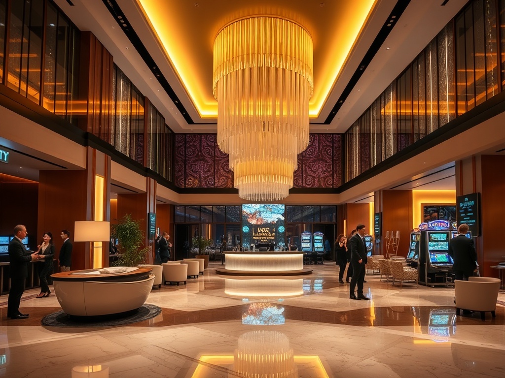 "Modern luxury hotel lobby blending spa-like calm and vibrant entertainment, warm golden lighting, stylish guests, sleek reception, gaming lounge ambiance, inviting comfort."