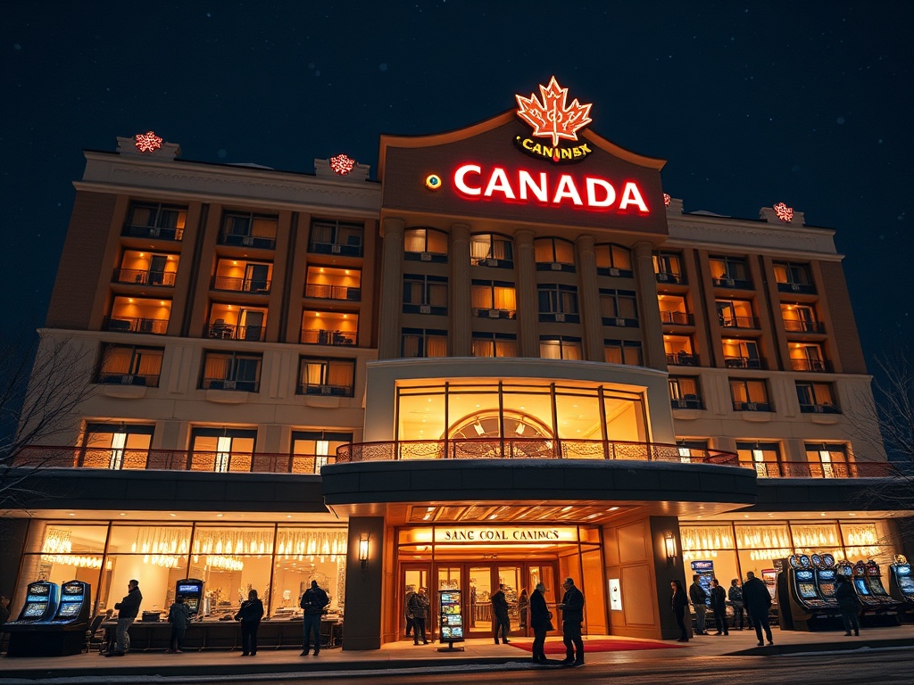 Nighttime Canadian hotel-casino facade with warm lights, elegant lobby glow, smiling guests, sleek lounge, dramatic gaming room lights, luxury comfort, winter ambience, cinematic, ultra-realistic"