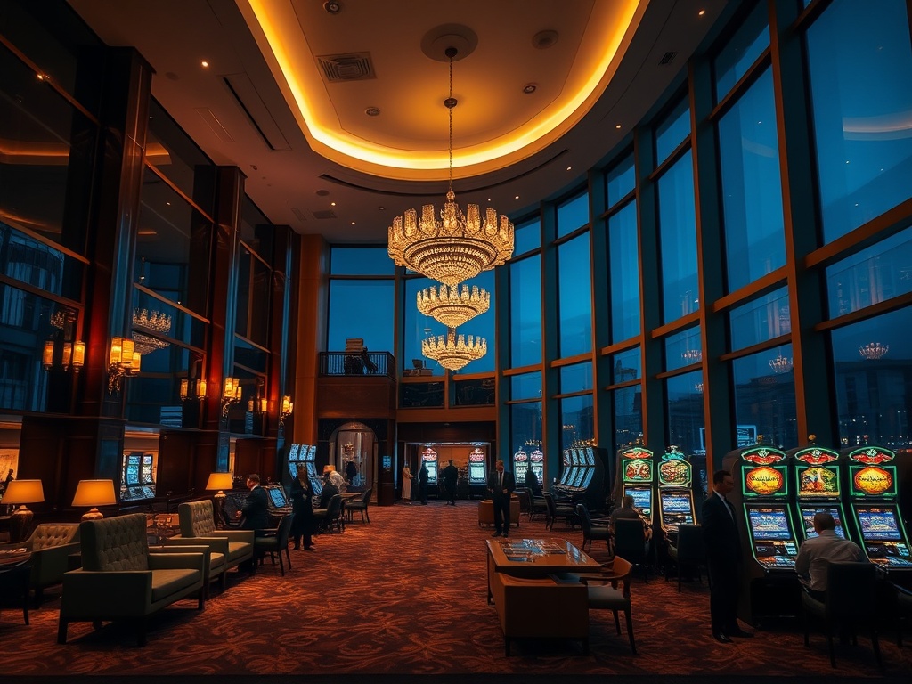 "Luxury hotel lobby at night with warm lights, elegant seating, panoramic windows, subtle casino ambiance with glowing gaming machines, guests in formal attire, moody atmosphere, inviting entrance."
