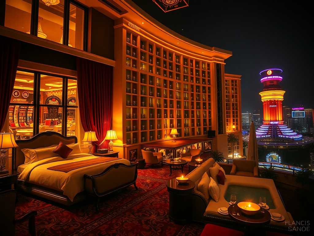 A luxurious casino hotel at night with warm light spilling from large windows, “suite bedroom” elegance, “gourmet dining” candlelit plates, “wellness spa” steam, “vibrant nightlife” in distance.