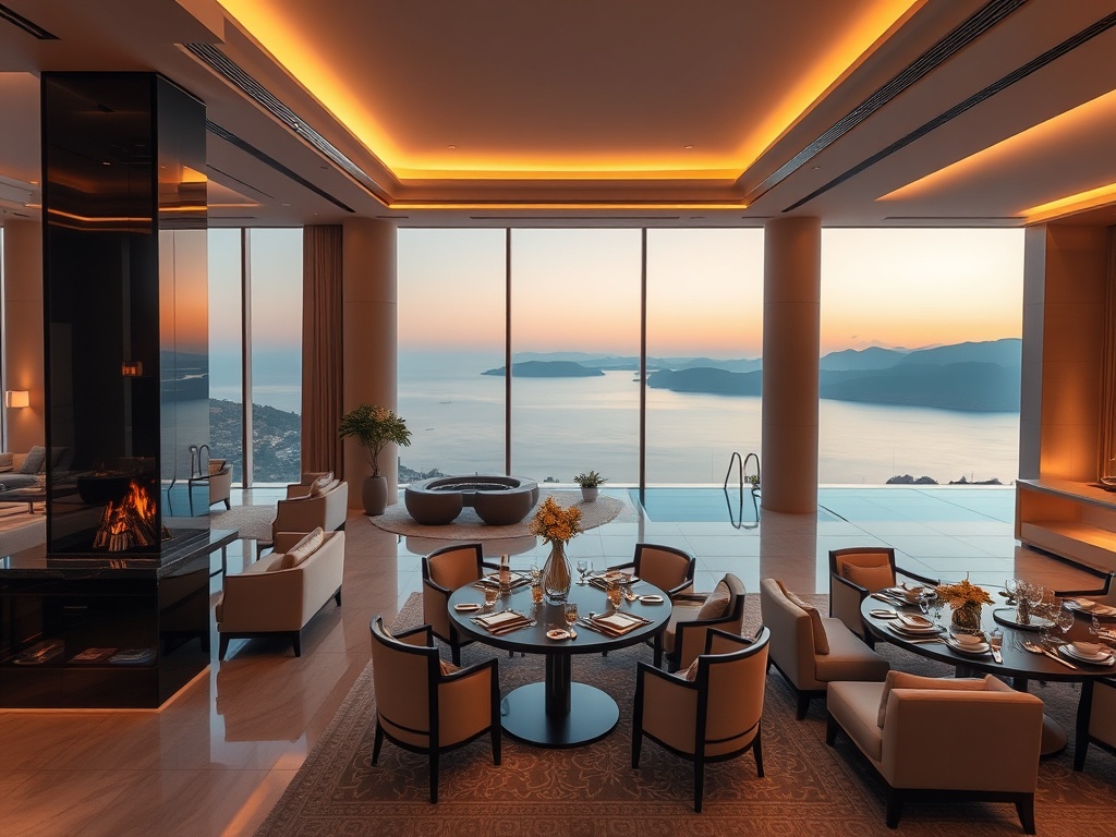 A modern premium casino hotel interior in Greece, luxurious lounge with warm lighting, elegant dining table, and serene spa retreat beyond, panoramic. "