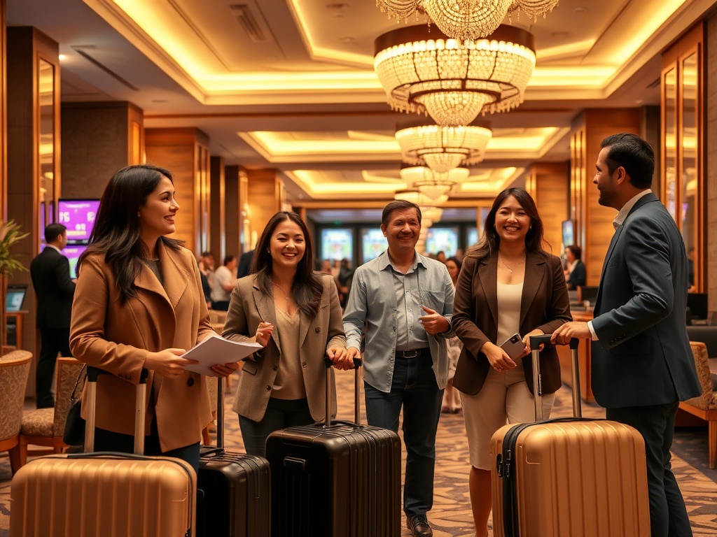 A warm modern casino hotel lobby scene, smiling guests with light luggage, attentive staff greeting them, luxurious lounge ambiance, soft golden lighting, candid joy.