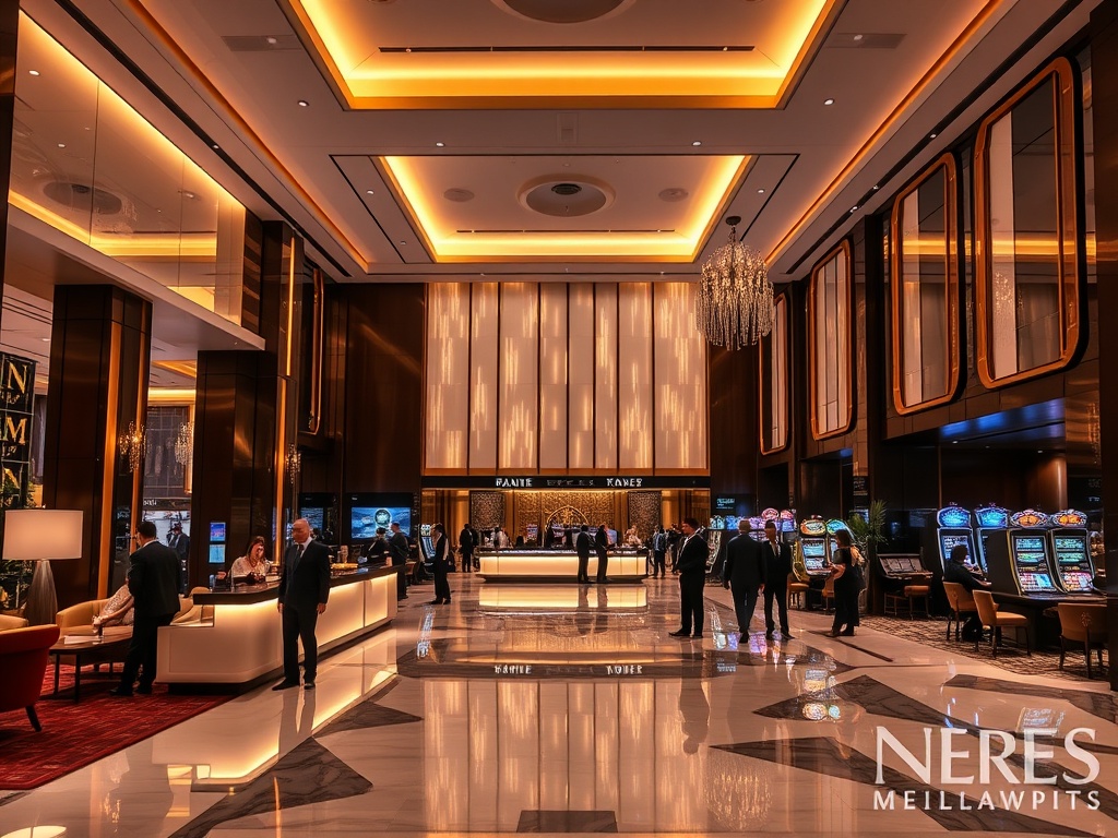 "Modern luxury hotel lobby blending spa-like calm and vibrant entertainment, warm golden lighting, stylish guests, sleek reception, gaming lounge ambiance, inviting comfort."