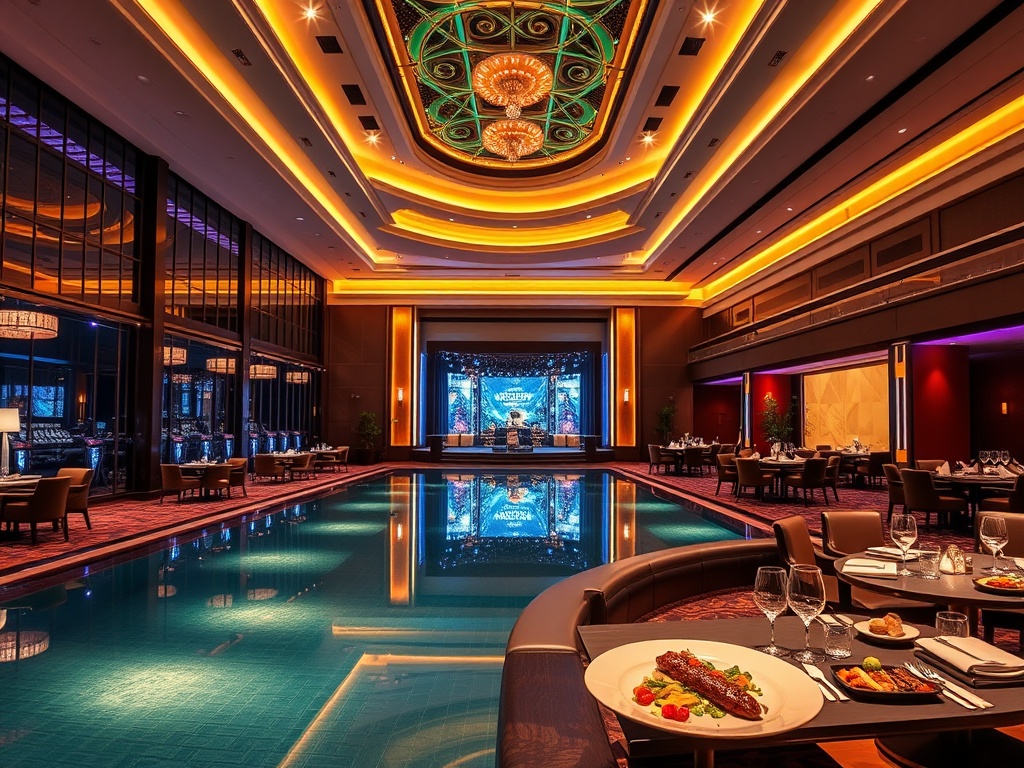 A contemporary casino hotel lobby at night, glowing warm lights, elegant suite lounge, infinity pool shimmer, gourmet dining plates, distant live stage, vibrant yet luxurious ambiance.
