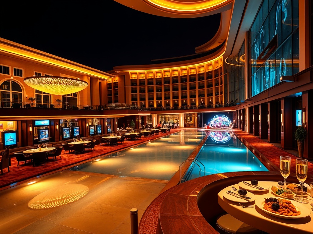 A contemporary casino hotel lobby at night, glowing warm lights, elegant suite lounge, infinity pool shimmer, gourmet dining plates, distant live stage, vibrant yet luxurious ambiance.