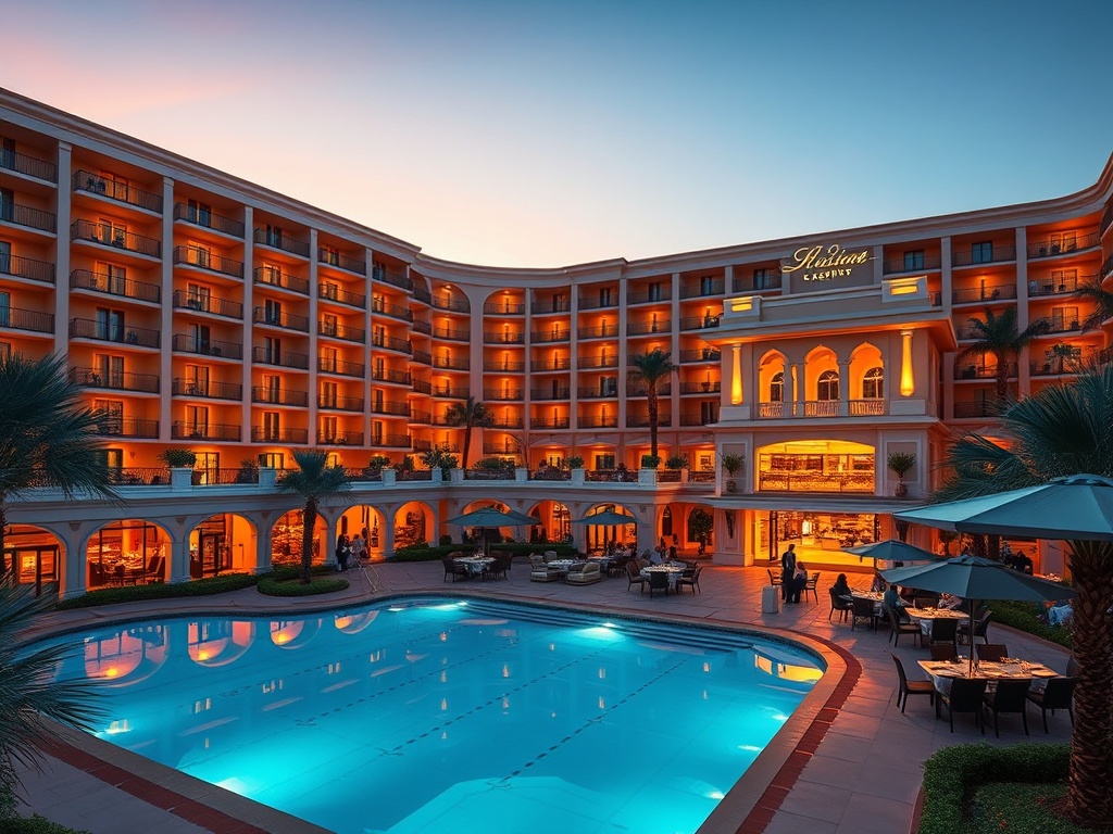 "Luxurious resort casino hotel exterior at dusk, warm golden lights, elegant suite balcony silhouettes, a glowing pool, people dining in upscale courtyard, stylish casino entrance glow, modern Mediterranean landscaping" "no logos"