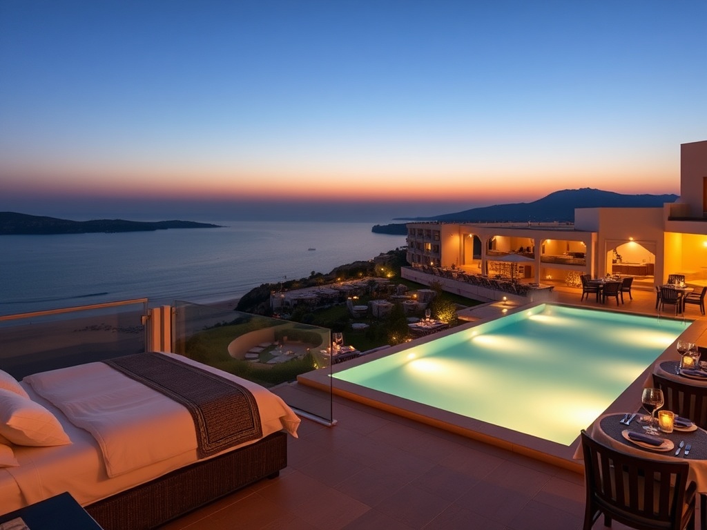A luxurious Greek casino hotel resort at dusk, elegant suite balcony with soft linens, warm lights, infinity pool, wellness spa steam, gourmet dining glow, subtle gaming ambiance.